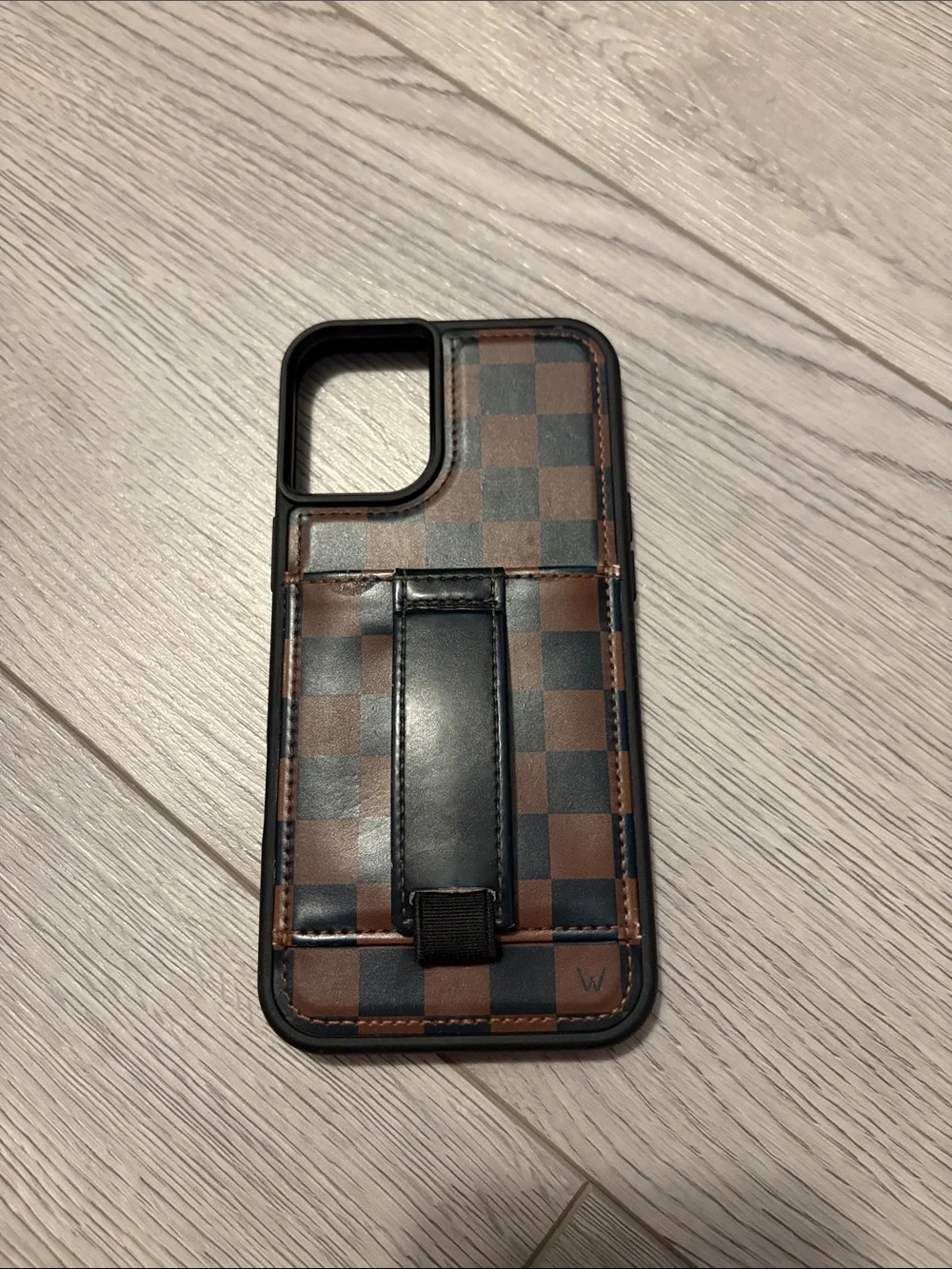 Checkered Brown & Black Phone Case with Integrated Strap